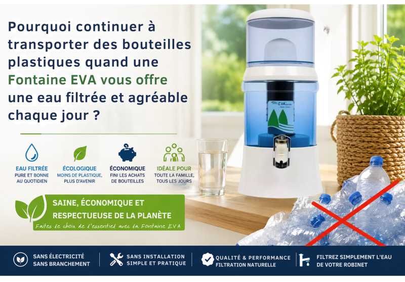 Pourquoi continuer à transporter des bouteilles plastiques quand une Fontaine EVA vous offre une eau filtrée et agréable chaque jour ?